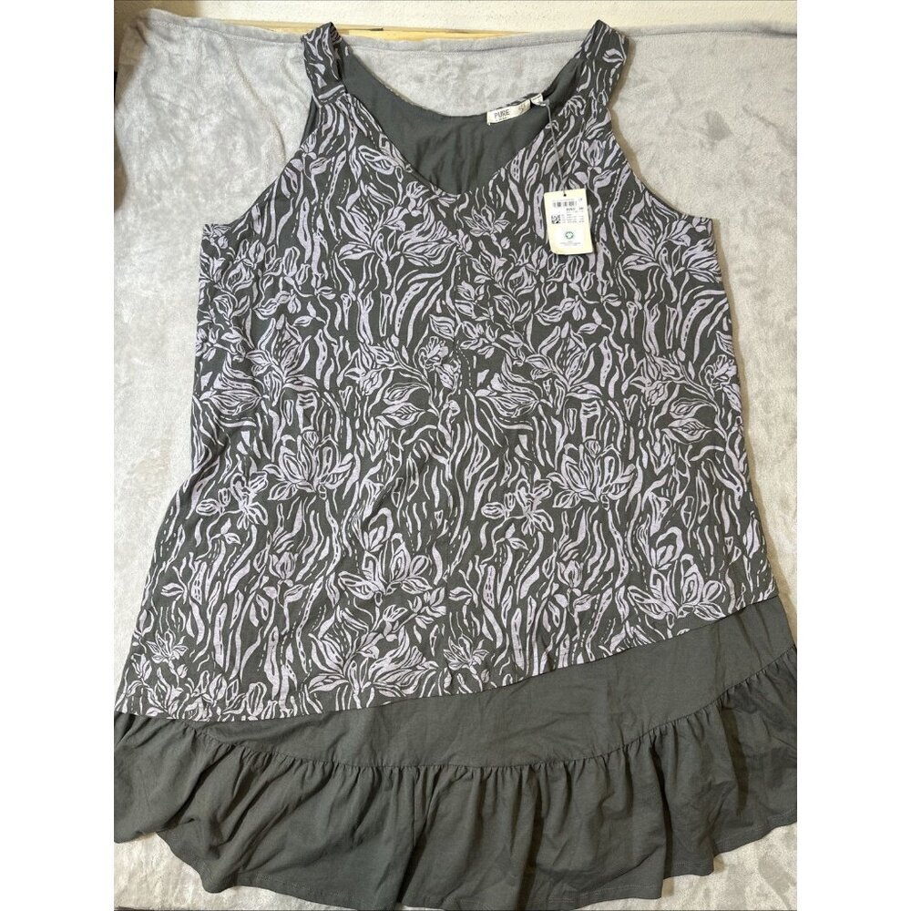 Pure by Ulla Popken Sleeveless Ruffle Hem Dress 28/30 Charcoal Gray Floral Print